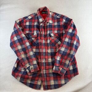 Allegro Mens Large Red Blue Plaid Quilted Lined Flannel Shirt Jacket Shacket